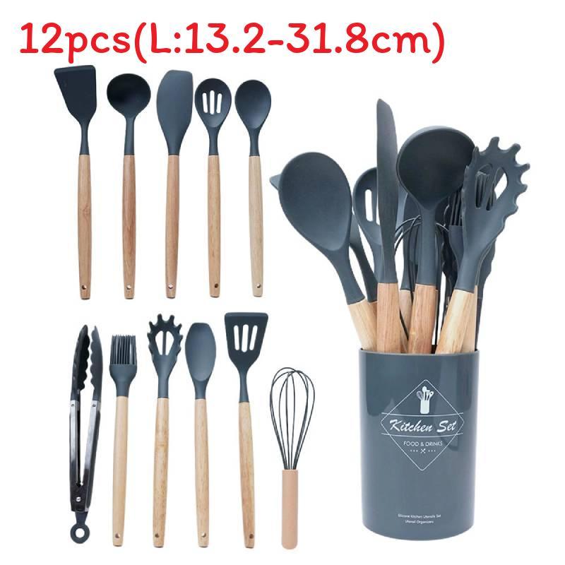Silicone Kitchen Utensil Set With Wooden Handles For Nonstick Cookware And Heat Resistance
