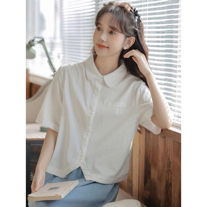 

Минималистичная однотонная рубашка с лацканами в K-стиле, асимметричным подолом и короткими рукавами, женские короткие топы в стиле преппи, стильная White(Pure cotton) M 45.00 kg-55.00 kg