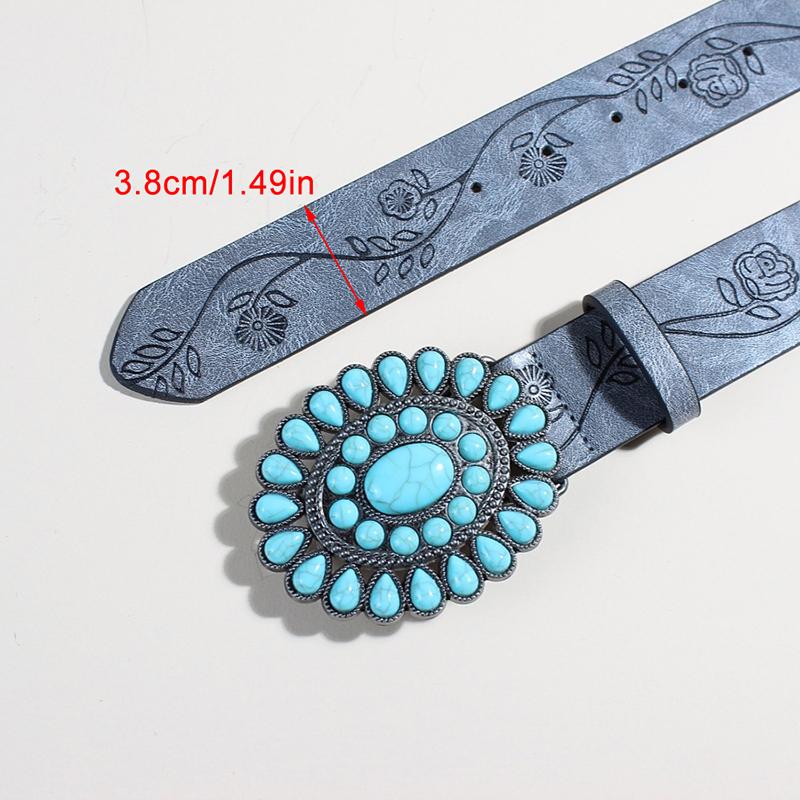 Ladies Wear The Classic Western Belt Embossed Pu Leather Bohemian Style Oval Turquoise Buckle Waist Band