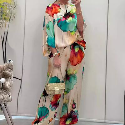 Casual Sets for Women 2 Pieces Summer Fashion Printed Satin Two Piece Sets Women Sexy Round Neck Top+Wide Leg Long Pants Outfits