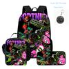 FORTNITE 3Pcs Cartoon School Set, Lightweight Backpack Front Pocket, Lunch & Pencil Case Kids 5-10, Free 3D Printed Keychain