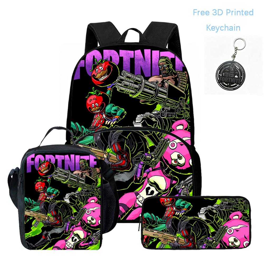 FORTNITE 3Pcs Cartoon School Set, Lightweight Backpack Front Pocket, Lunch & Pencil Case Kids 5-10, Free 3D Printed Keychain