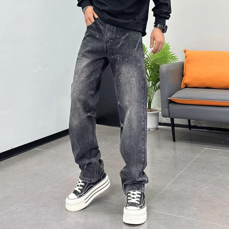 Spring and Summer New Fashion Casual Versatile Washed Black and Gray Bright Diamond Hot Diamond Straight Loose Men's Jeans