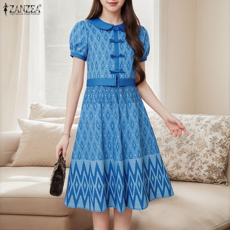 ZANZEA Women Summer Casual Short Sleeve Retro Print Dress
