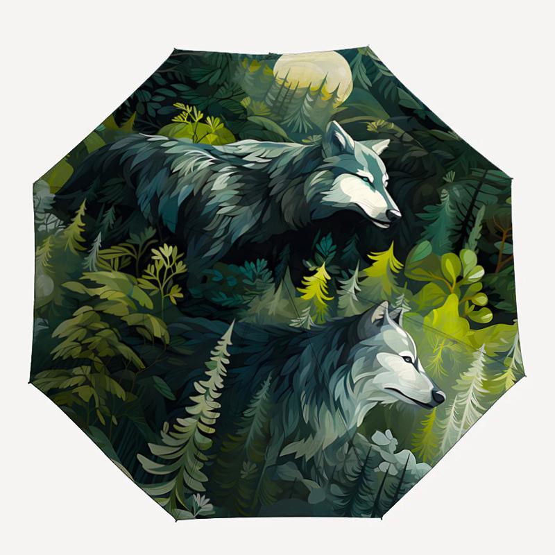 1pc Two Wolves In the Forest Automatic, Cute Cartoon Pattern, Portable Outdoor Umbrella, Perfect, Holiday Gift for fans.C037