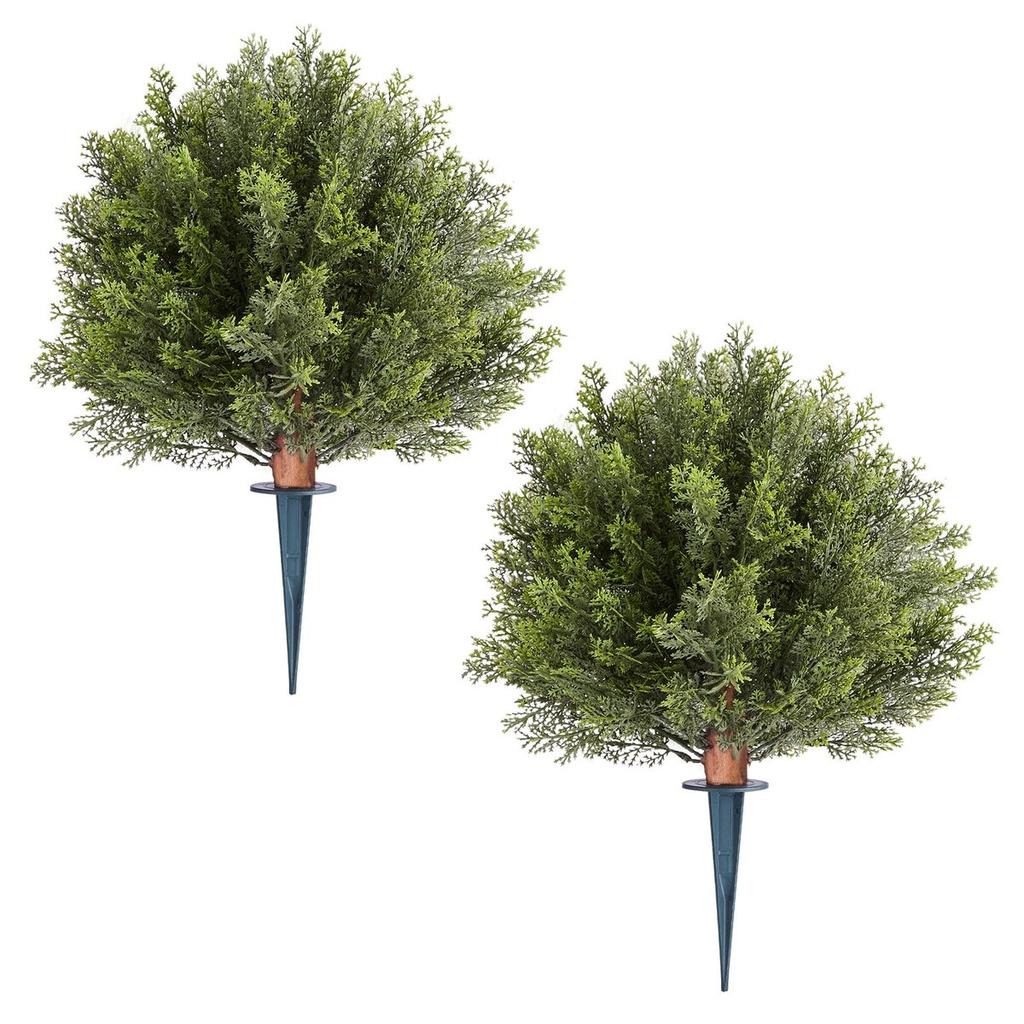 Artificial Topiary Cypress Trees with Ground Spike, 2 Set 406mm Faux Shrubs & Bushes Potted Plants, Fake Silk Tree Look Real for Decor Front Porch