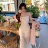 Early Autumn New French Romantic Pink Floral Suspender Dress Women's 2026 Summer Mesh Waist Split Fork Medium and Long Dress