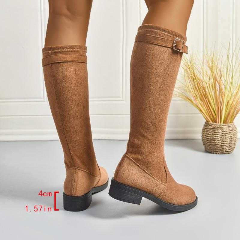 Móda 2025 Dámské kozačky pod koleno Nové zimní nazouvací boty s robustním podpatkem Žena Retro Teplé Jednobarevné Dlouhé kozačky Dámské Kozačky z semiše s kulatou špičkou