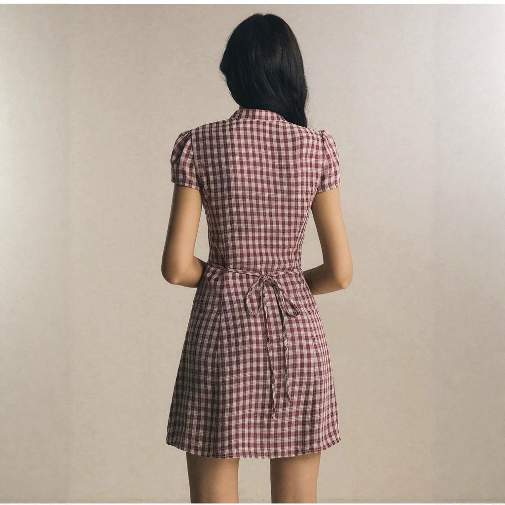 New French Retro Plaid Waist Skirt, European and American Temperament Strap Bow Fashion Dress