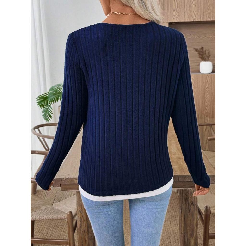 Fall Winter Women's Fake Two-piece Crew Neck Button Pullover Brushed Long Sleeve T-shirt, Casual Top for European American Crossborder