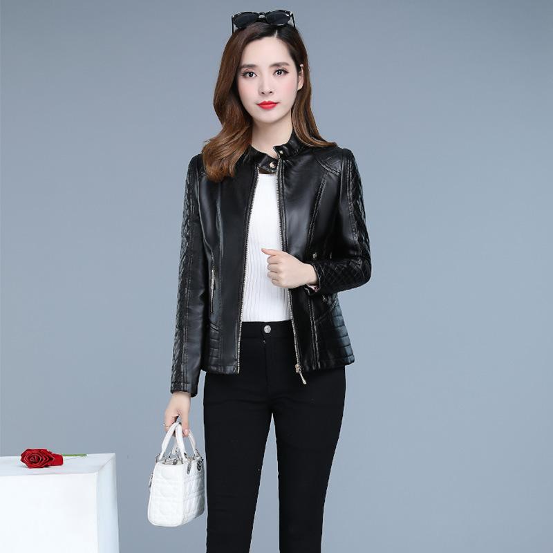 New OL Temperament Korean Version Short Standing Neck Women's Zippered Leather Jacket PU Jacket