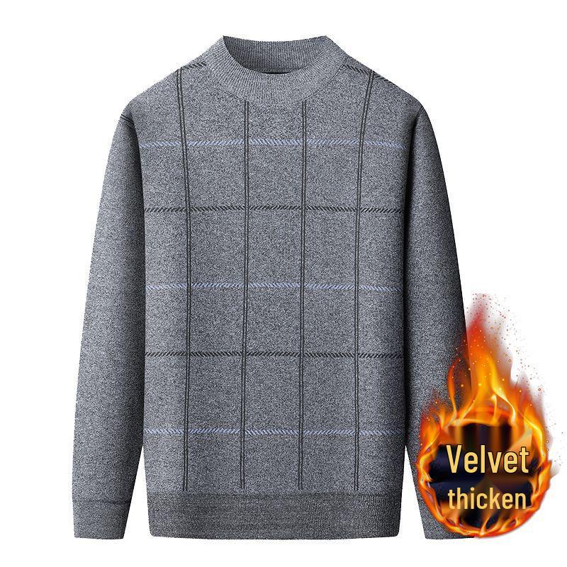 Warmer Herren-Pullover mit Karomuster und Plus-Samt für mittleres und älteres Alter (50er-60er Jahre) - Herbst/Winter Rundhals Basisschicht