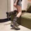 Women's Retro Cowboy Mid Calf Boots Cowboy Square Heels Pointed Toe Platform Women Chunky Heels Western Pointed Toe Metal Botas
