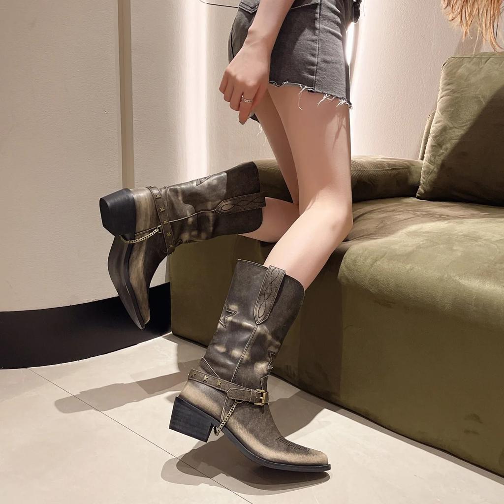 Women's Retro Cowboy Mid Calf Boots Cowboy Square Heels Pointed Toe Platform Women Chunky Heels Western Pointed Toe Metal Botas
