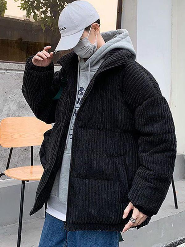 Men's Striped Cotton Winter Coat with Stand Collar and Thick Fleece, Couple's Style.