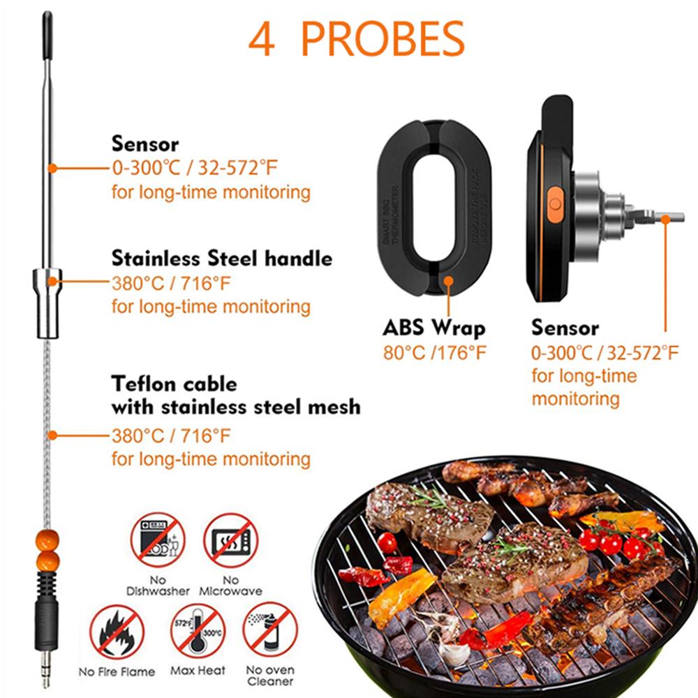 Wireless Meat Thermometer with 2 Probes 164FT  4.2 APP Control IP64 Waterproof Meat Thermometer for Smoker Oven Removable Smart BBQ Grill Thermometer