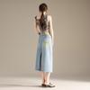 RAIN.CUN Women's High-Waist A-Line Split Denim Midi Skirt