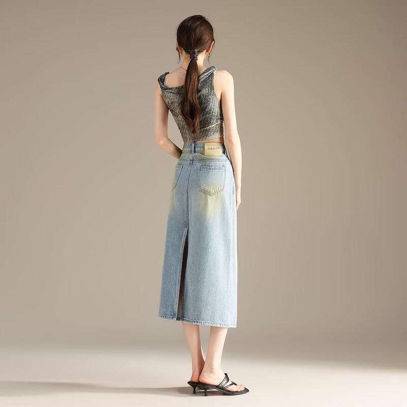 RAIN.CUN Women's High-Waist A-Line Split Denim Midi Skirt