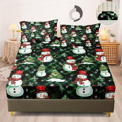 Set Biancheria da Letto Natalizio Scozzese in Poliestere Pupazzo di Neve, Lenzuolo con Angoli e Federe Morbidi e Confortevoli, 20x30 pollici, Misure Multiple