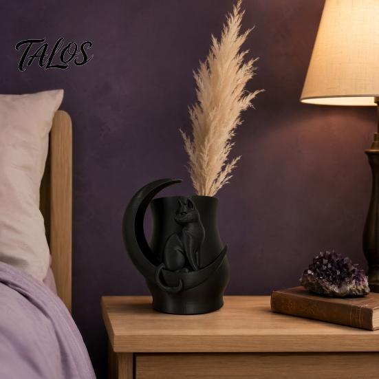 3D Printed Moon Cat Vase, Decorative Fresh/Dried Flowers Vase, Minimalist Pen & Makeup Brush Storage Holder, Unique Desktop Decor Gift for Cat Lovers