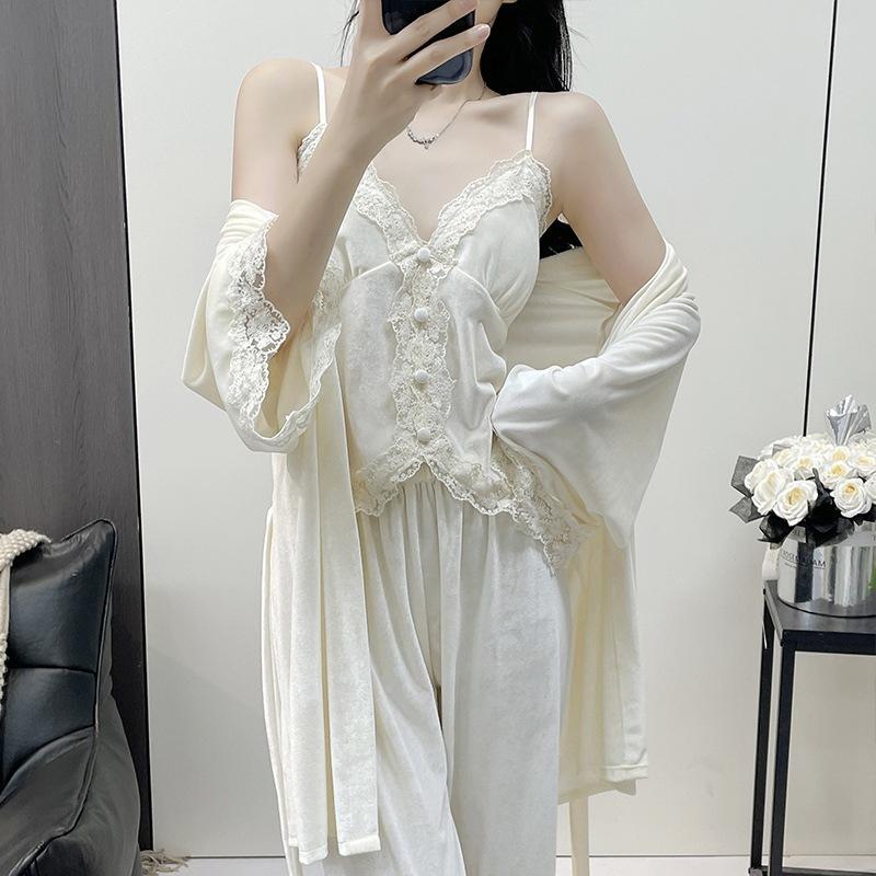 Golden velvet pure lace lace pajamas women's autumn and winter thick nightgown suspender trousers three-piece set loungewear