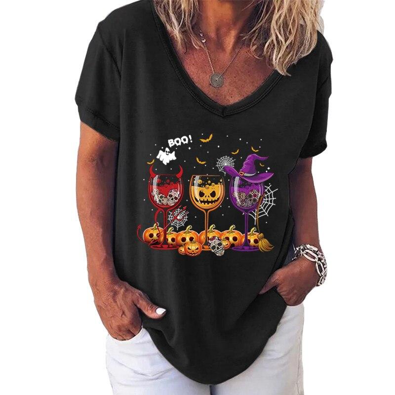 Fashion Spring  Halloween Print Blouses Short Sleeved V-Neck T Shirts Casual
