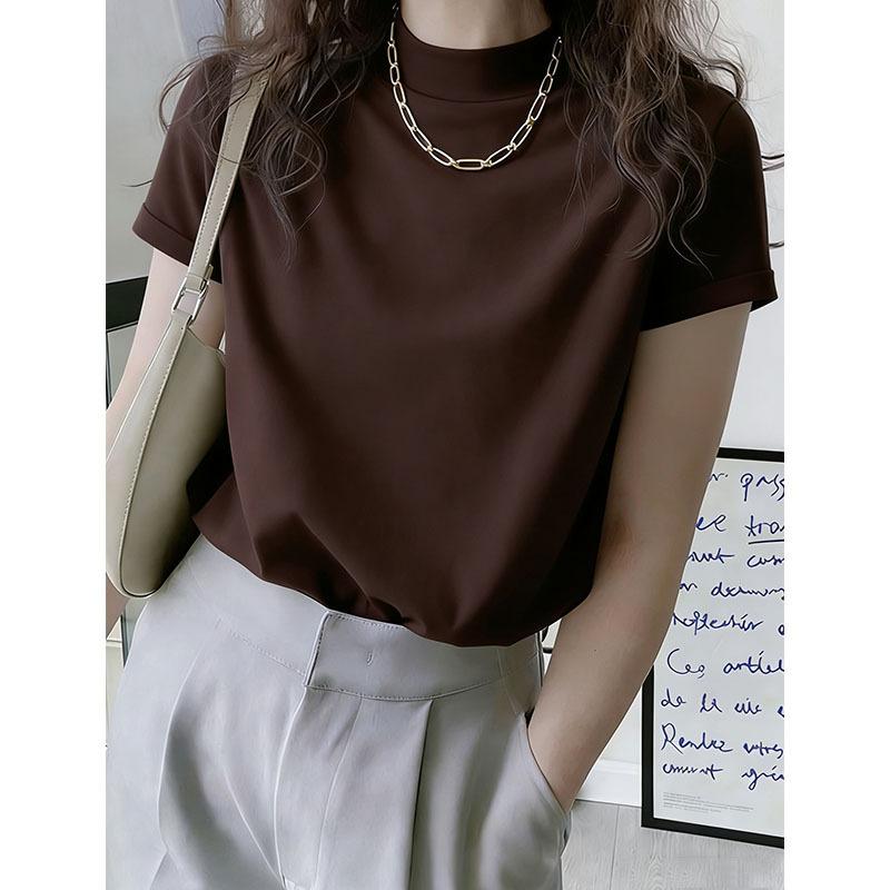 New semi-turtleneck shoulder pure cotton polished short-sleeved t-shirt women's Korean version fashionable versatile foreign style white top