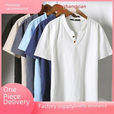 Herren Casual Retro V-Ausschnitt Leinen Kurzarm T-Shirt