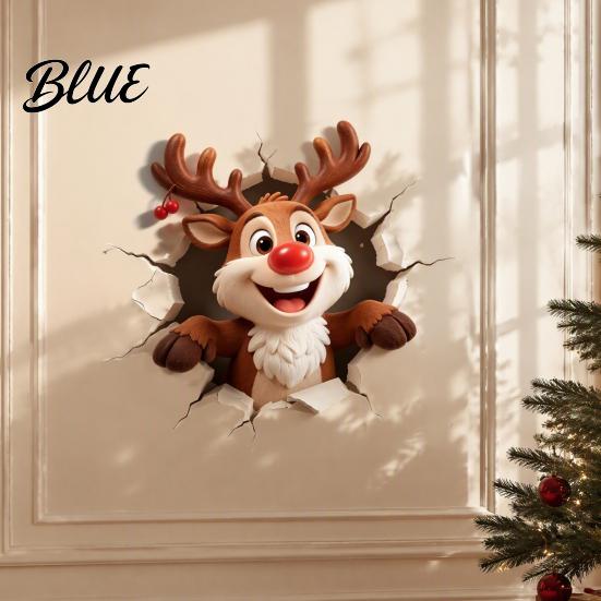 Easy Apply Wall Decals Christmas Reindeer Decal 3D Hole Illusion Red Nose Rudolph Sticker Stickers Peel And Stick Waterproof PVC Decor for Kids Room