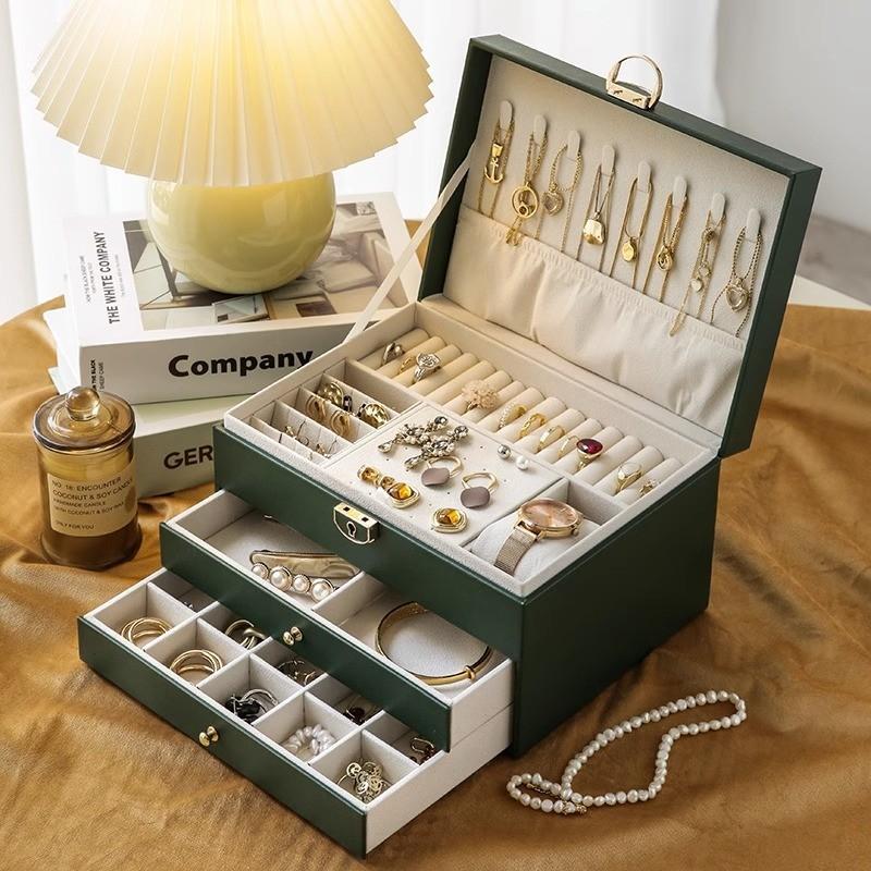 Classic Leather Jewelry Box With Multiple Layers For Elegant Storage Of Earrings Rings And Necklaces