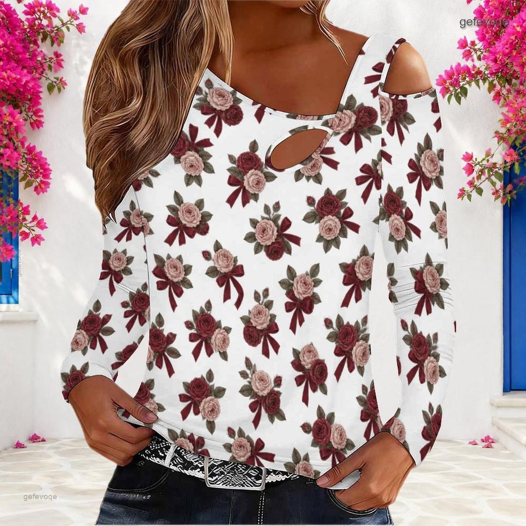 Women Plus Size White Floral Printed Asymmetric Cutout Neck Cold Shoulder Long Sleeve Fitted Top