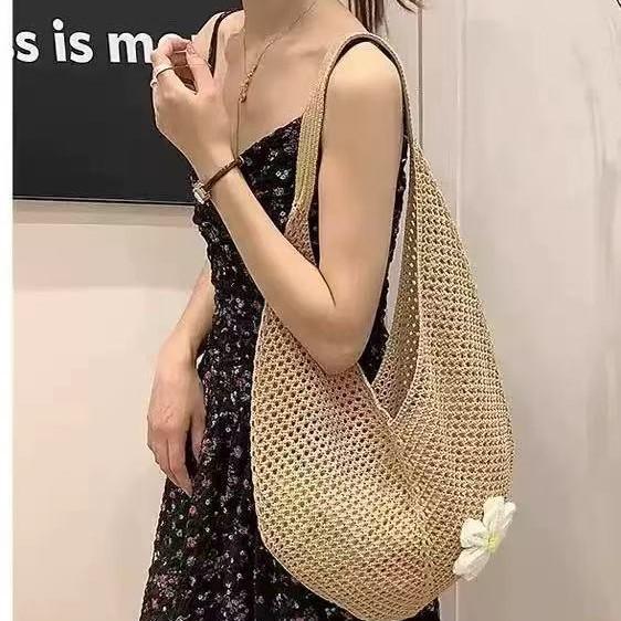 Vintage Handmade Knit Woven Tote Bag - Versatile Women's Handbag