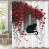 Moderner Duschvorhang mit roten Rosen und schwarzer Katze, Dekorativer Badezimmer-Vorhang aus Polyester mit Blumendruck, Heimvorhang mit Haken