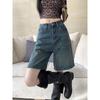 Women Denim Shorts High Waist Vintage Washed Straight Wide Leg Pure Color Button Zipper Closure Streetwear Knee Length Jeans Short Pants Plus Size