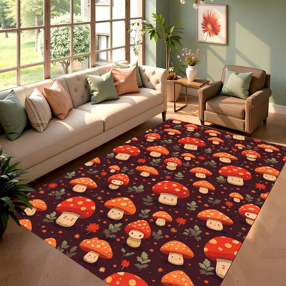 Vivid Mushroom Fantasy Pattern Carpet Colorful Living Room Rug for Home Decor with Green Leaf Design Cozy Non-slip Mat Gift