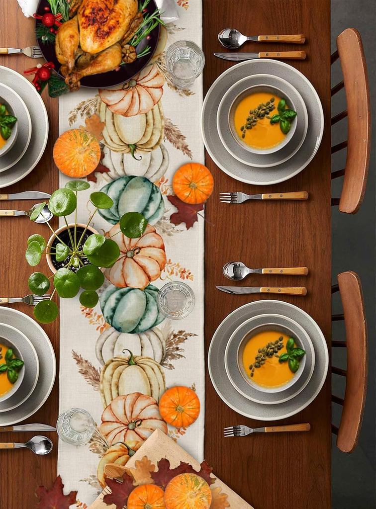 Fall Thanksgiving Pumpkins Linen Table Runner Home Decor Washable Autumn Harvest Kitchen Dining Table Runners Thanksgiving Decor