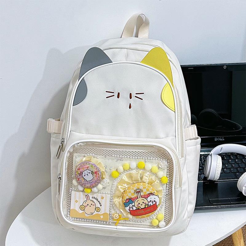 Large-capacity Schoolbag, Female Junior High School Student Kitten Backpack, Student Japanese Pain Bag Ins Wind Transparent Backpack Tide