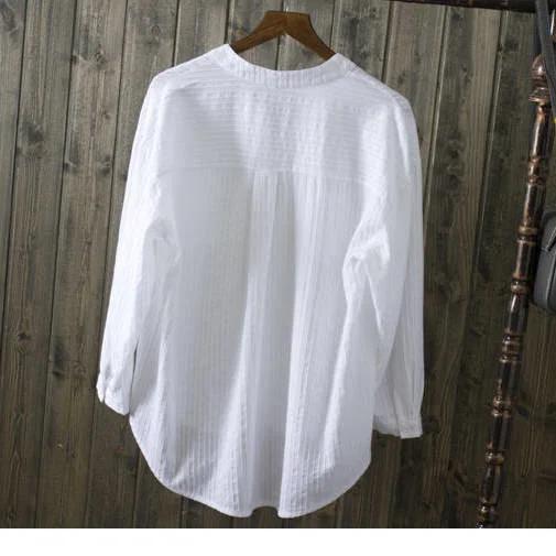 Cotton White Shirt Women's Tops Mujer Office Long Sleeve Korean Loose Casual Vertical V-neck Shirts Blusas De Mujer