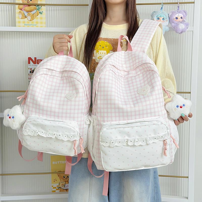 Schoolbag new small fresh plaid lace backpack women's daily versatile large capacity going out commuting student schoolbag backpack