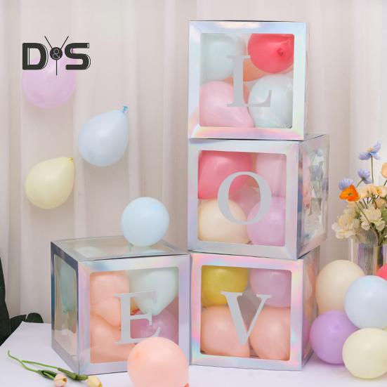 4 Pcs Balloon Box DIY Assembly Transparent Paper Box Balloon Box with Letters Reusable Stackable Cube Decorative Box for Party Wedding Birthday