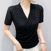 Streetwear Girl Summer Chic Beading Clothes Mesh T-Shirts Sexy V-neck Women's Tops New Casual Short Sleeve Tees