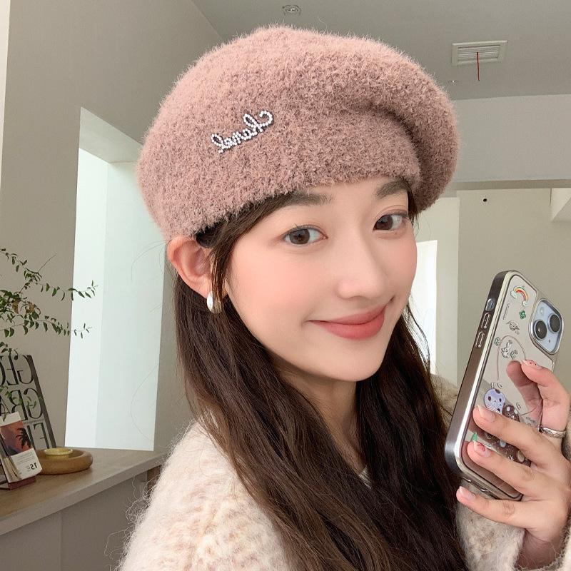 Autumn and winter new hats women's diamond-encrusted alphabet knitted wool beret winter warm pumpkin hat tide