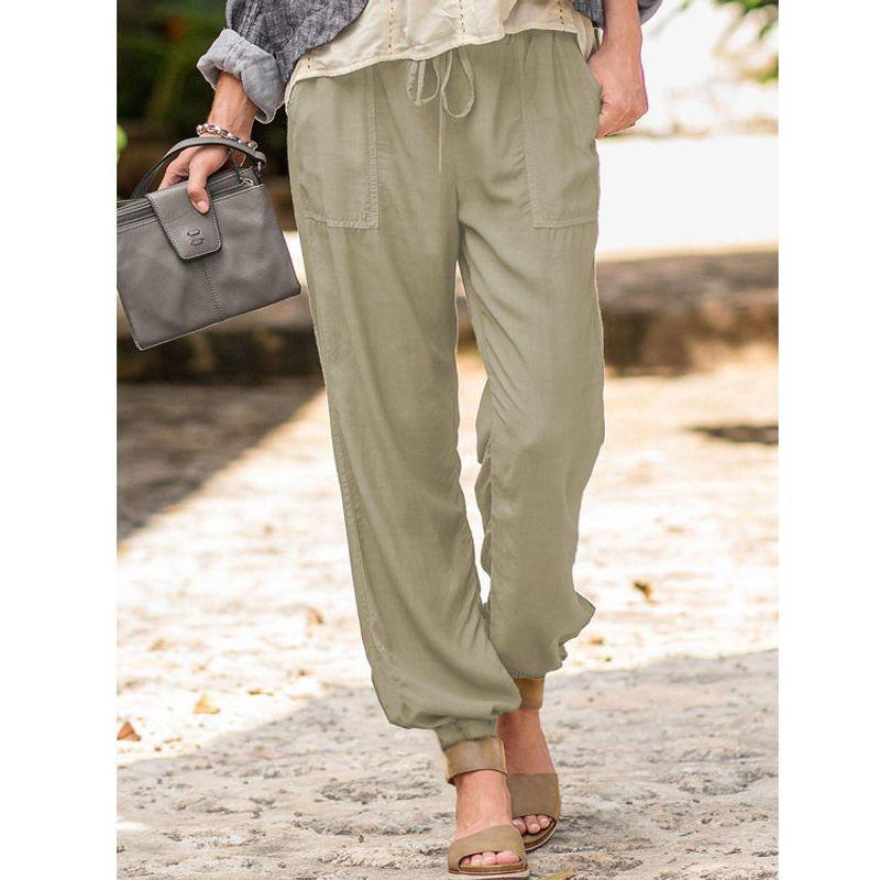 

2025 Amazon Women s Summer New Lace-Up Pants Cross-Border Solid Color Elastic Jogger Pocket Casual Pants for Women Khaki XL