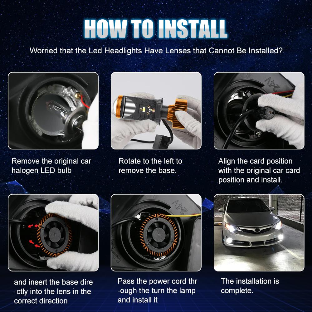 LED Headlight Mini Projector Lens Canbus Len Bulb Motor H4 Hi/Lo Beam 6500K White for Cars & Motorcycles DC12-24V