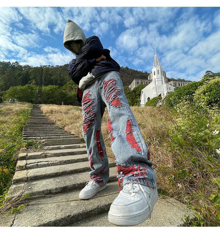 Hip-Hop Ripped Embroidered Jeans - Loose Fit, Trendy Niche Design