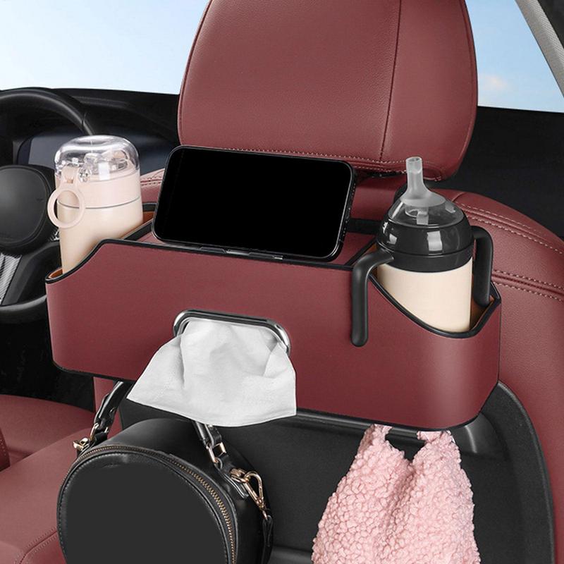 Car Backseat Organizers Backseat PU Leather Tissue Box With 2 Cup Holder Seat Organizer With Hook Multifunctional Car