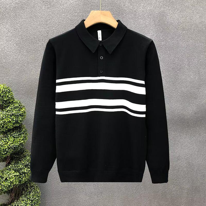 

Мужской корейский вязаный свитер-поло в полоску с цветными блоками - трендовая осенне-зимняя мода Medium чёрный