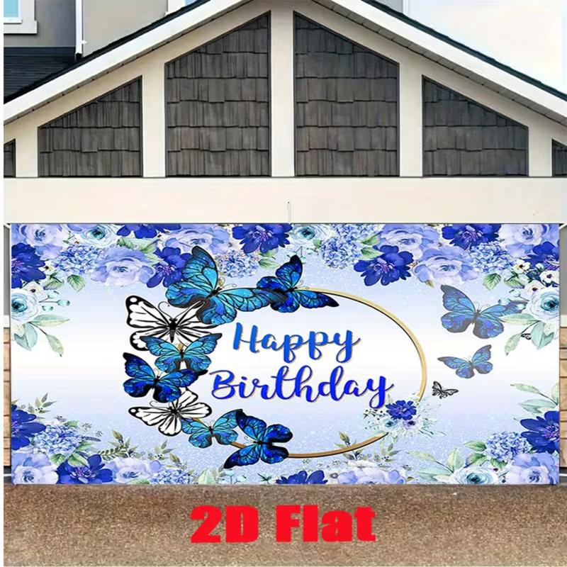 Whimsical Butterfly Birthday Backdrop, Delicate Blue Design with Butterflies and Flowers, Festive and Elegant Party Wall Decor