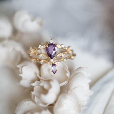 Vintage Hofstil Amethyst Romantisches Set Diamant Gestapelter Damenring Öffnung Verstellbar Süßer Luxusschmuck