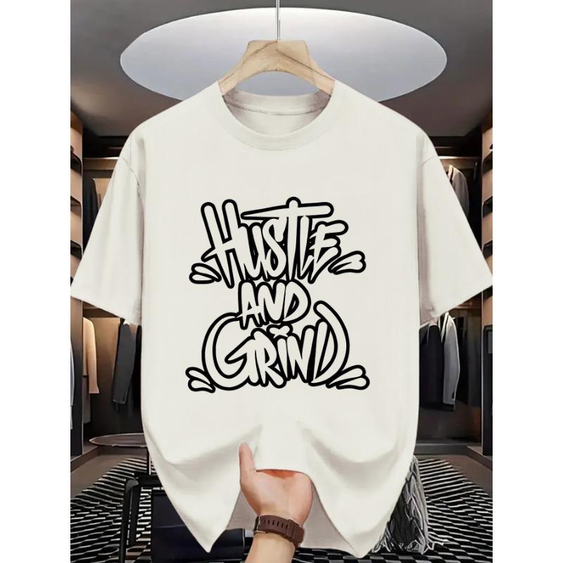 European Size Men'S Casual Crew Neck T-Shirt with "Hustle and Grind" Graphic Print, Lightweight Cotton, Summer Streetwear for Adults